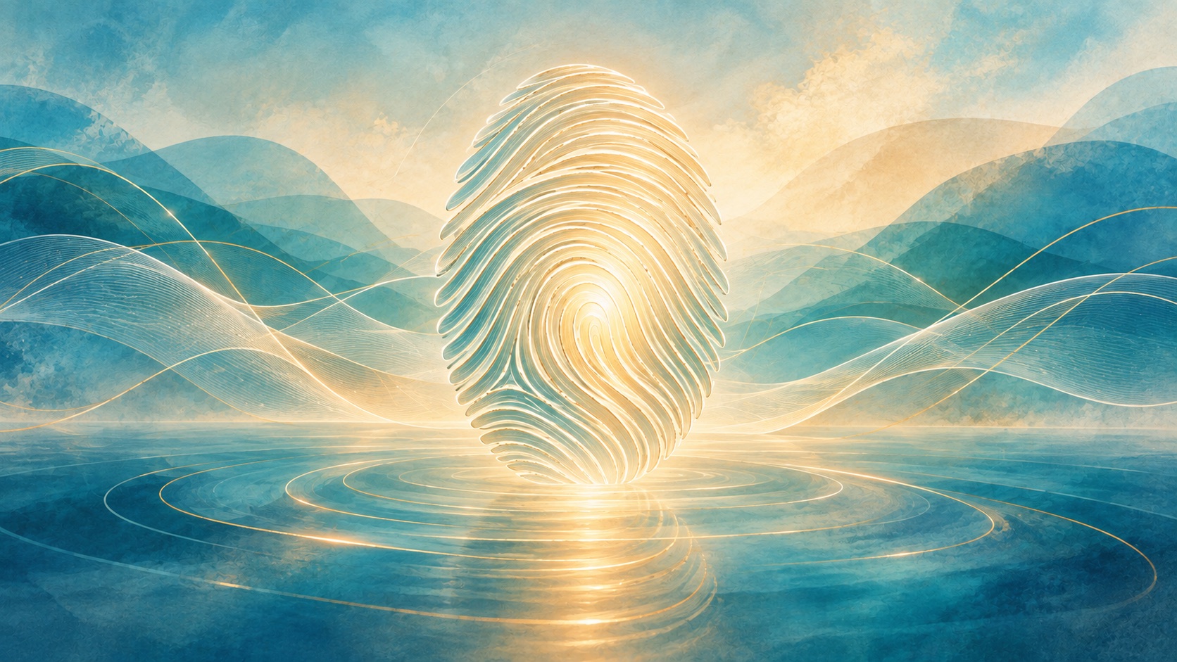 Leuchtende fingerabdruckähnliche Linienform, umgeben von sanften Wellen