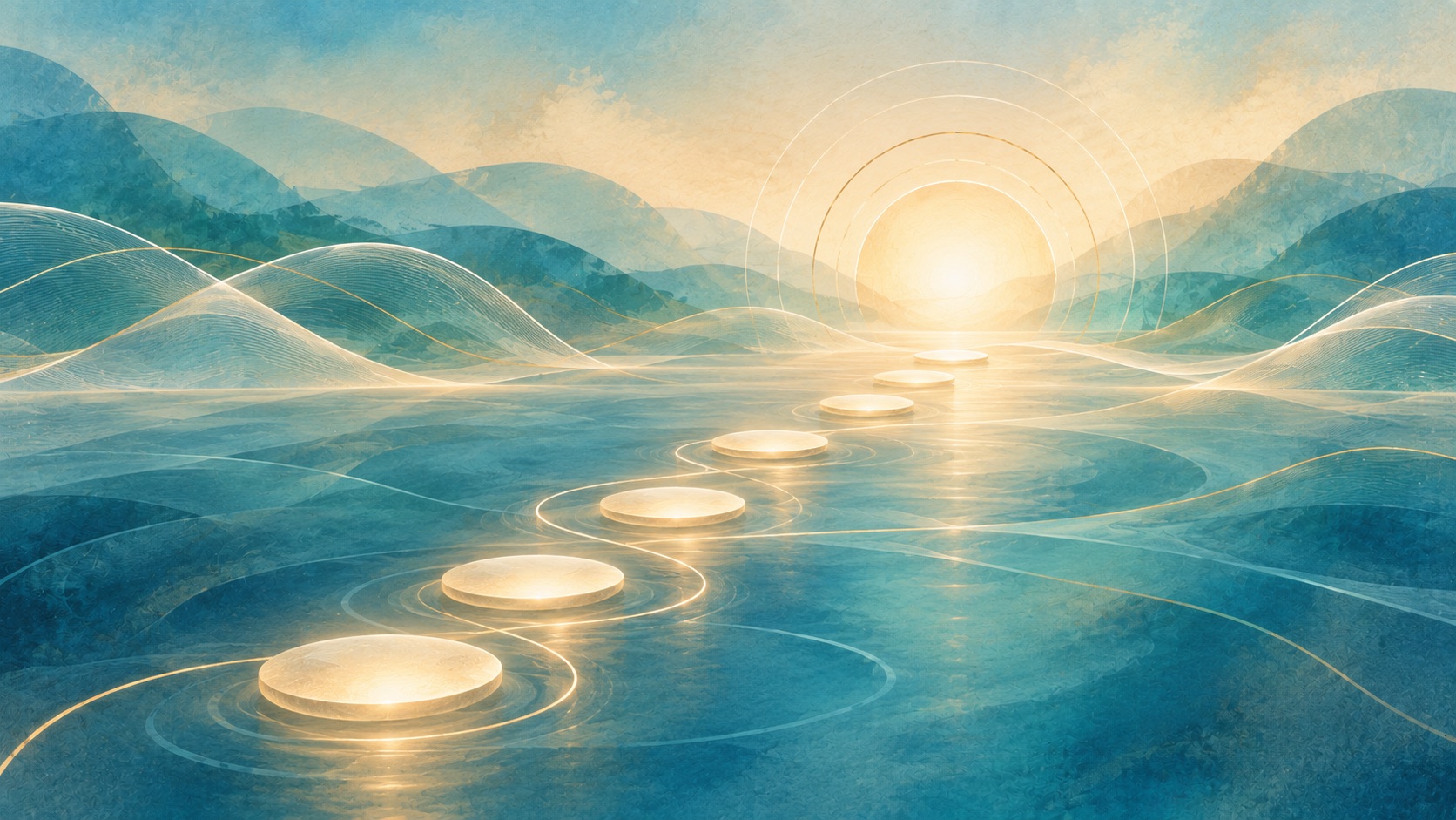 Sieben leuchtende Trittsteine führen über ruhiges, türkisfarbenes Wasser zu einem goldenen Licht am Horizont.