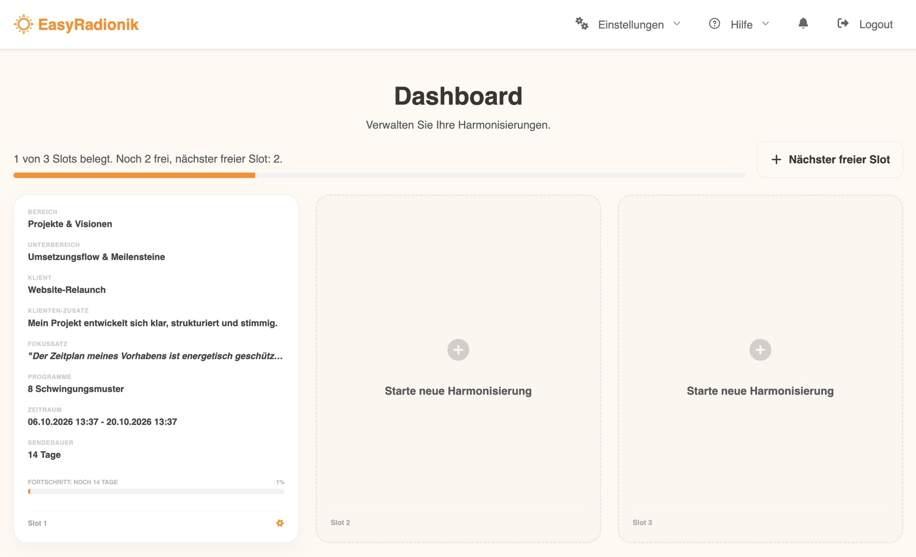 EasyRadionik-Dashboard mit einem aktiven Harmonisierungsslot und zwei freien Slots